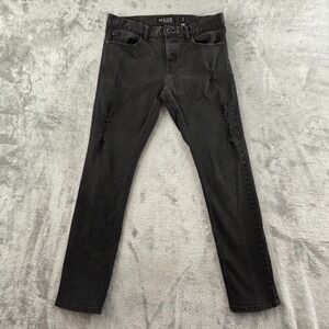 Rude Skinny Jeans Mens 32 Distressed Black Stretch Denim Button Fly 31" Inseam